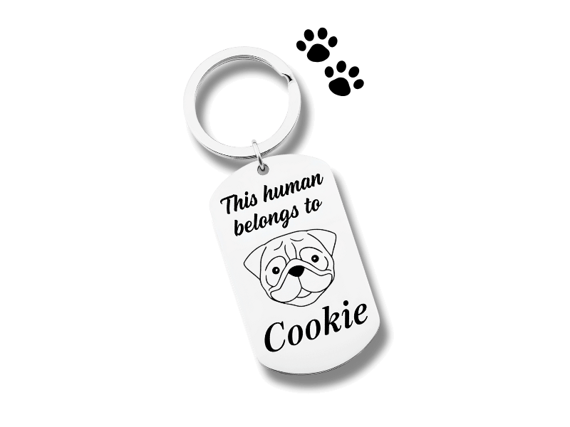 personalised silver dog tag keyring with pug face illustration and engraved text